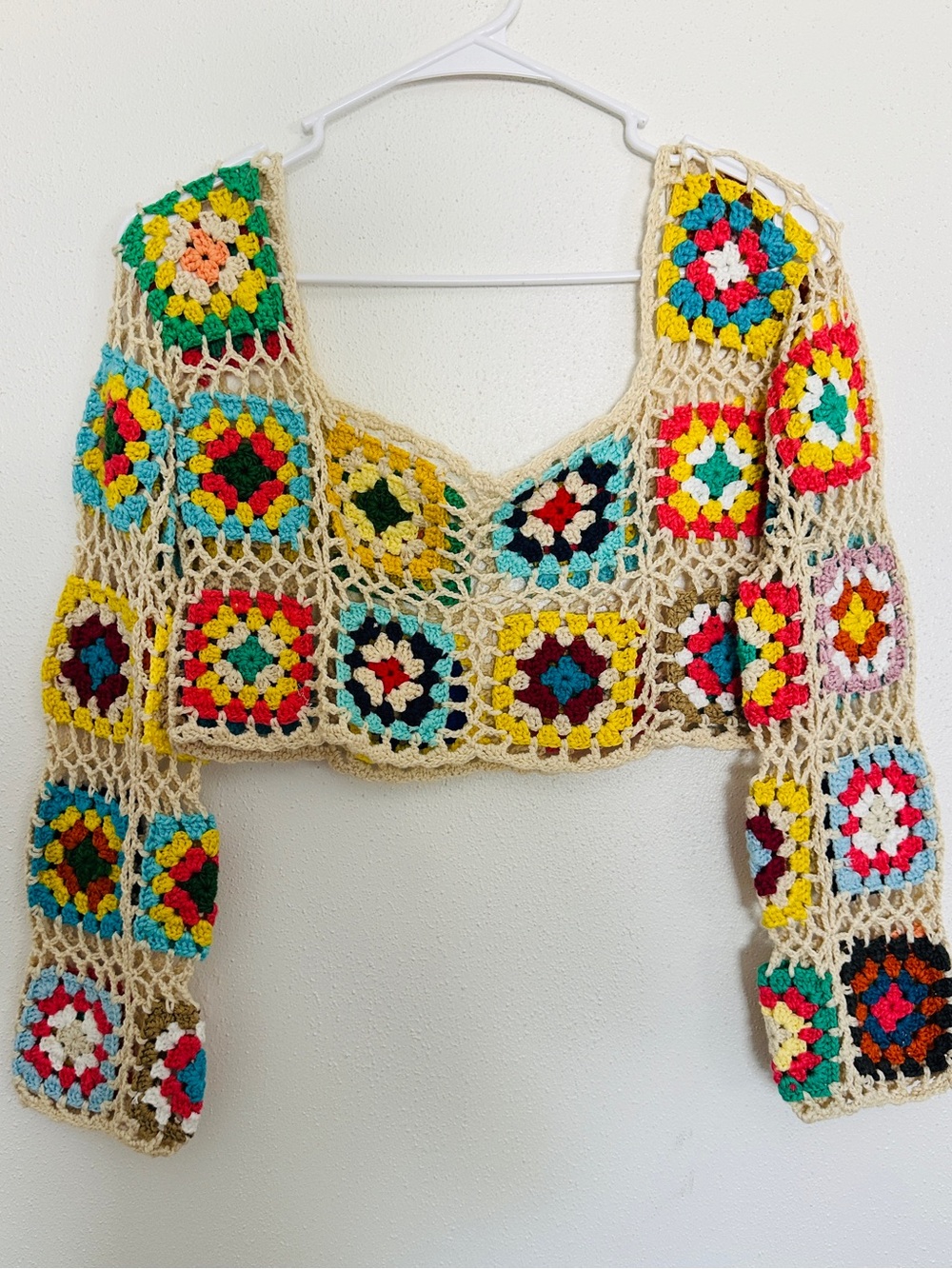 Mora Granny Square Crochet Crop Sweater Top Multicolor Patchwork Boho Small
